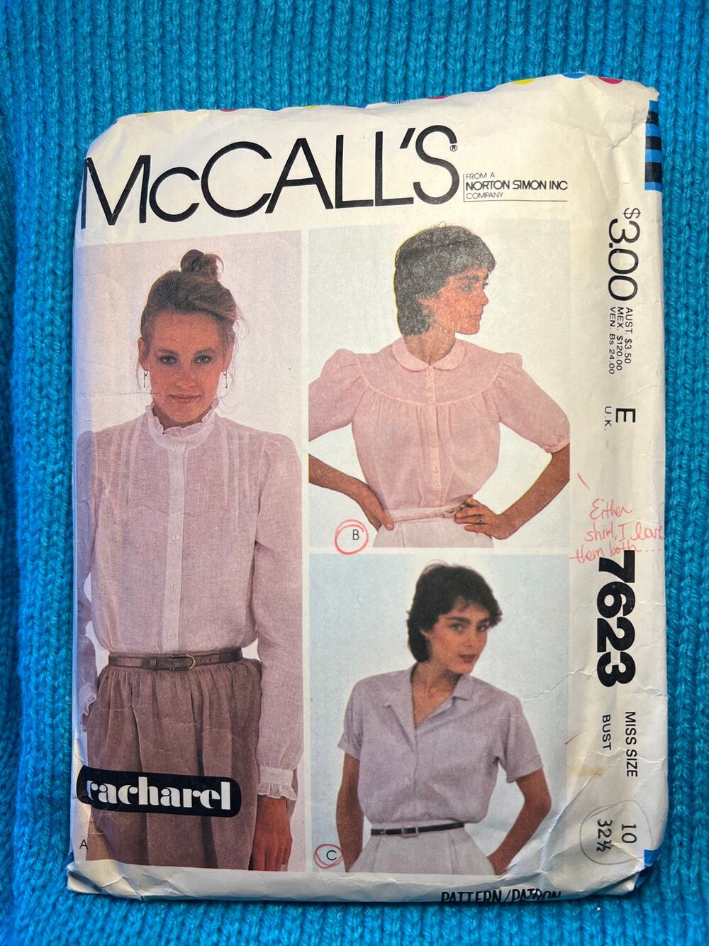 McCalls 7623 Sewing pattern blouse high neck 1980s size 10